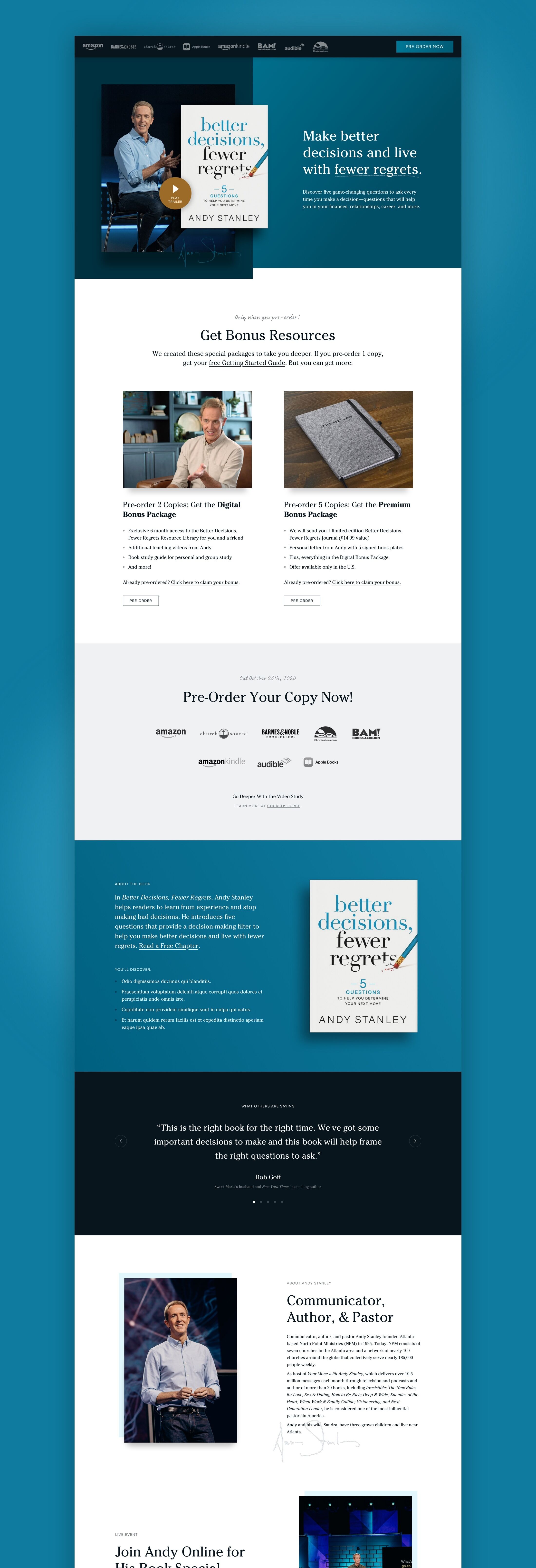 Screenshot of Andy Stanley's Better Decisions Fewer Regrets Book Landing page