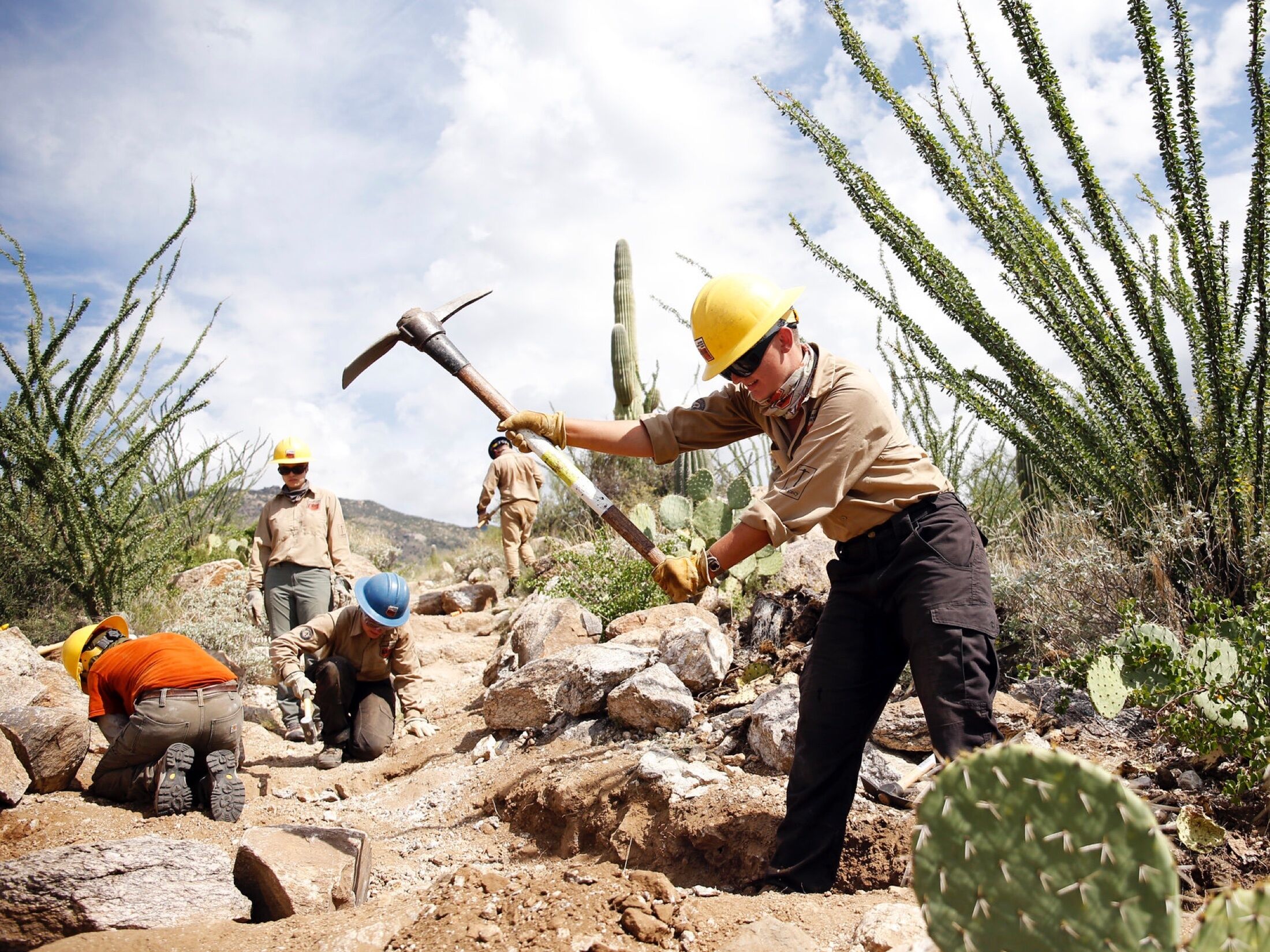 A member of a Conservation Legacy crew uses a pick axe in the desert