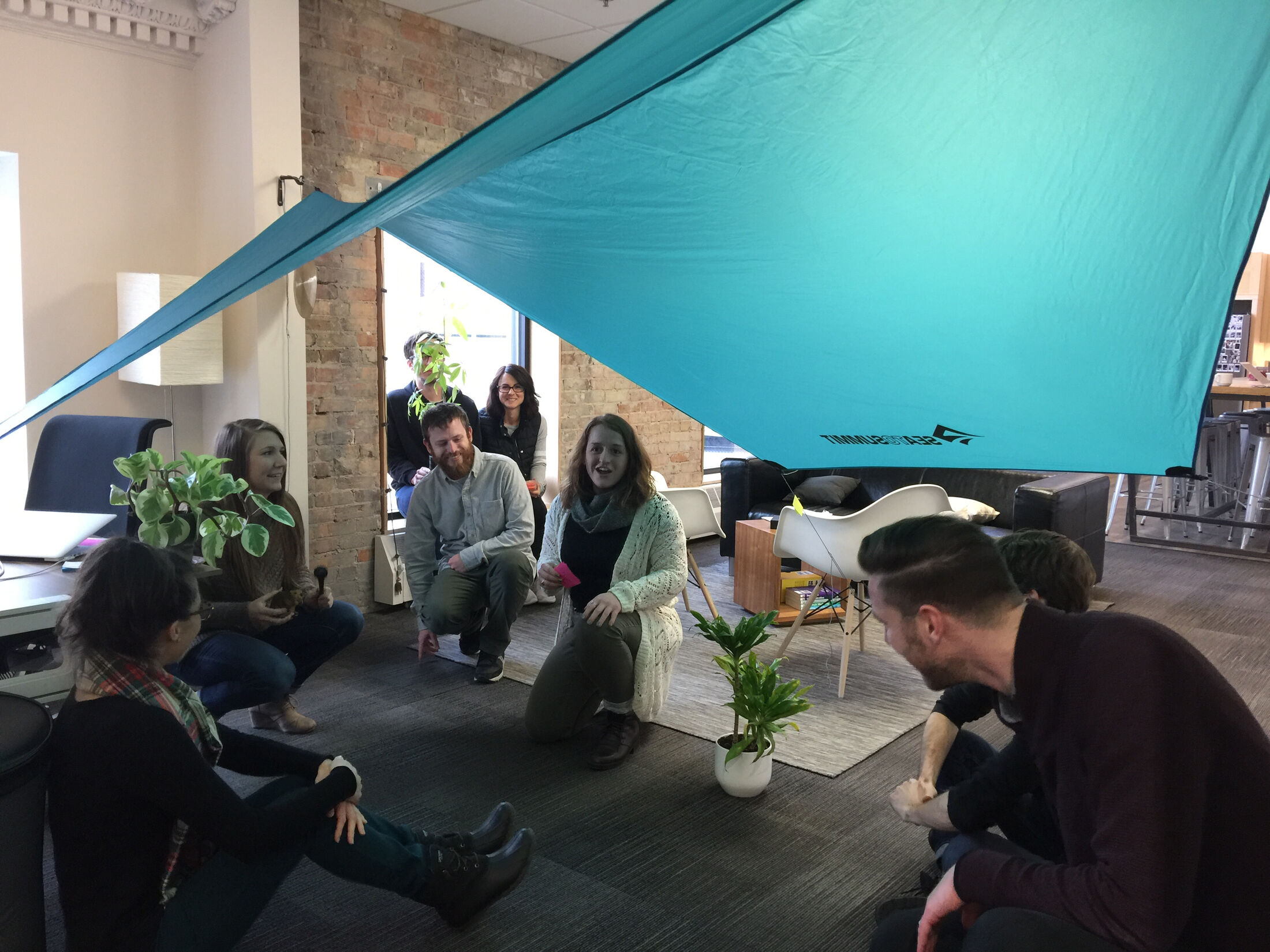 The Mighty team under a tarp in their office, celebrating the launch of the Conservation Legacy site