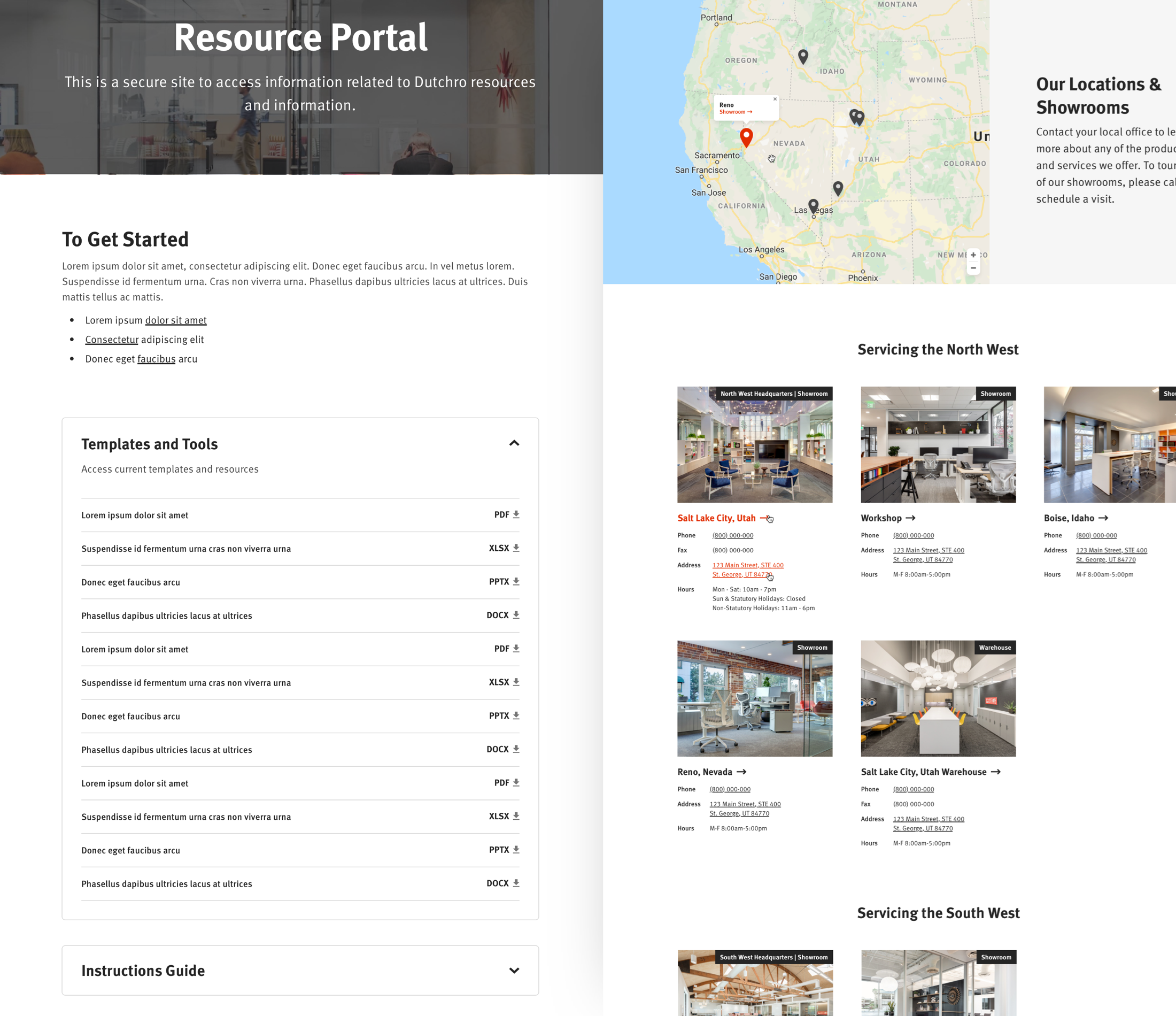 Screenshot of resources downloads and showroom locations