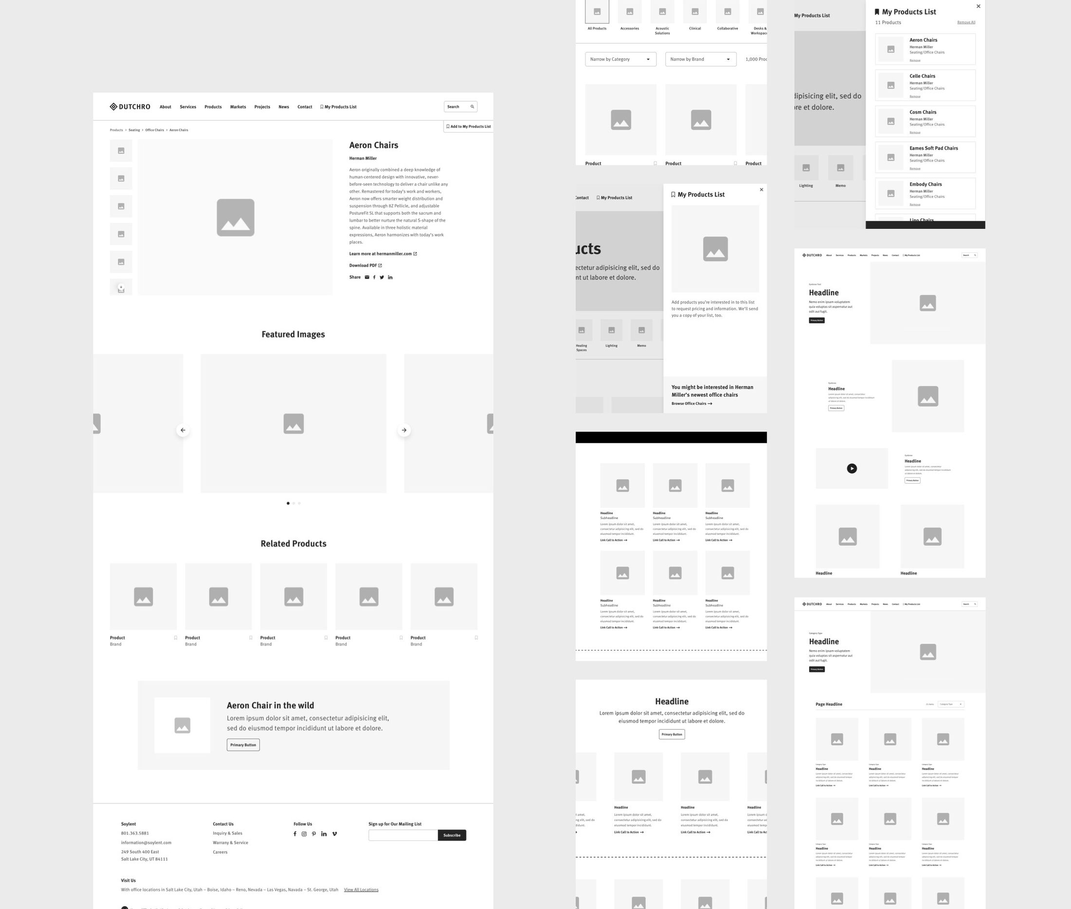 Wireframes of several screens from the Herman Miller Dealer Platform