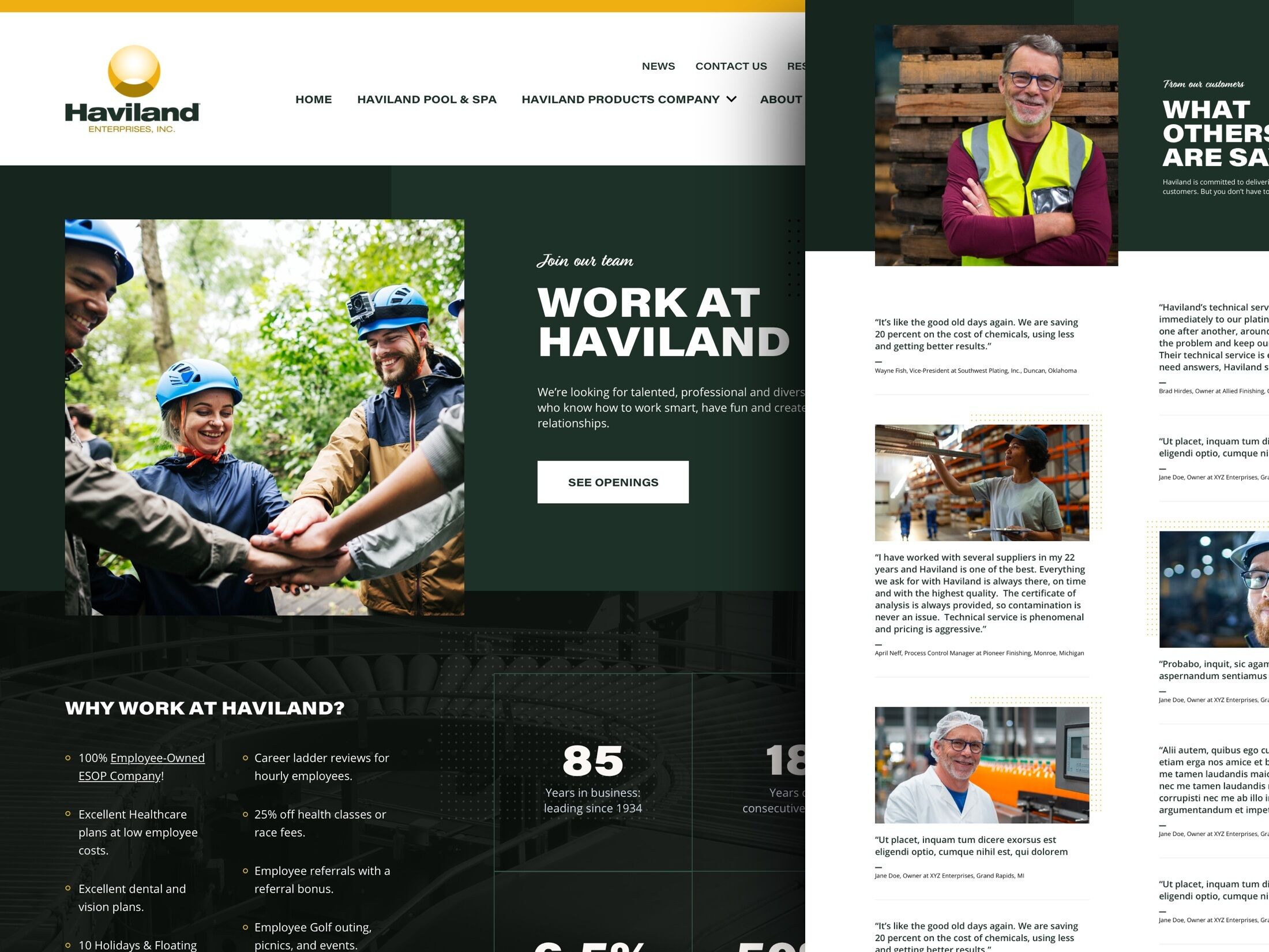 Screenshot of the Haviland Careers and Testimonials pages