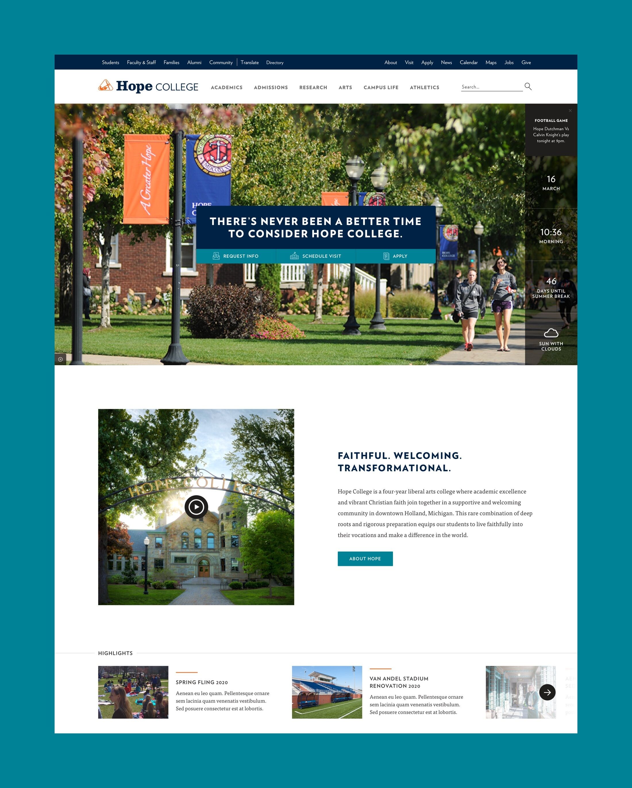Screenshot of the Hope College homepage