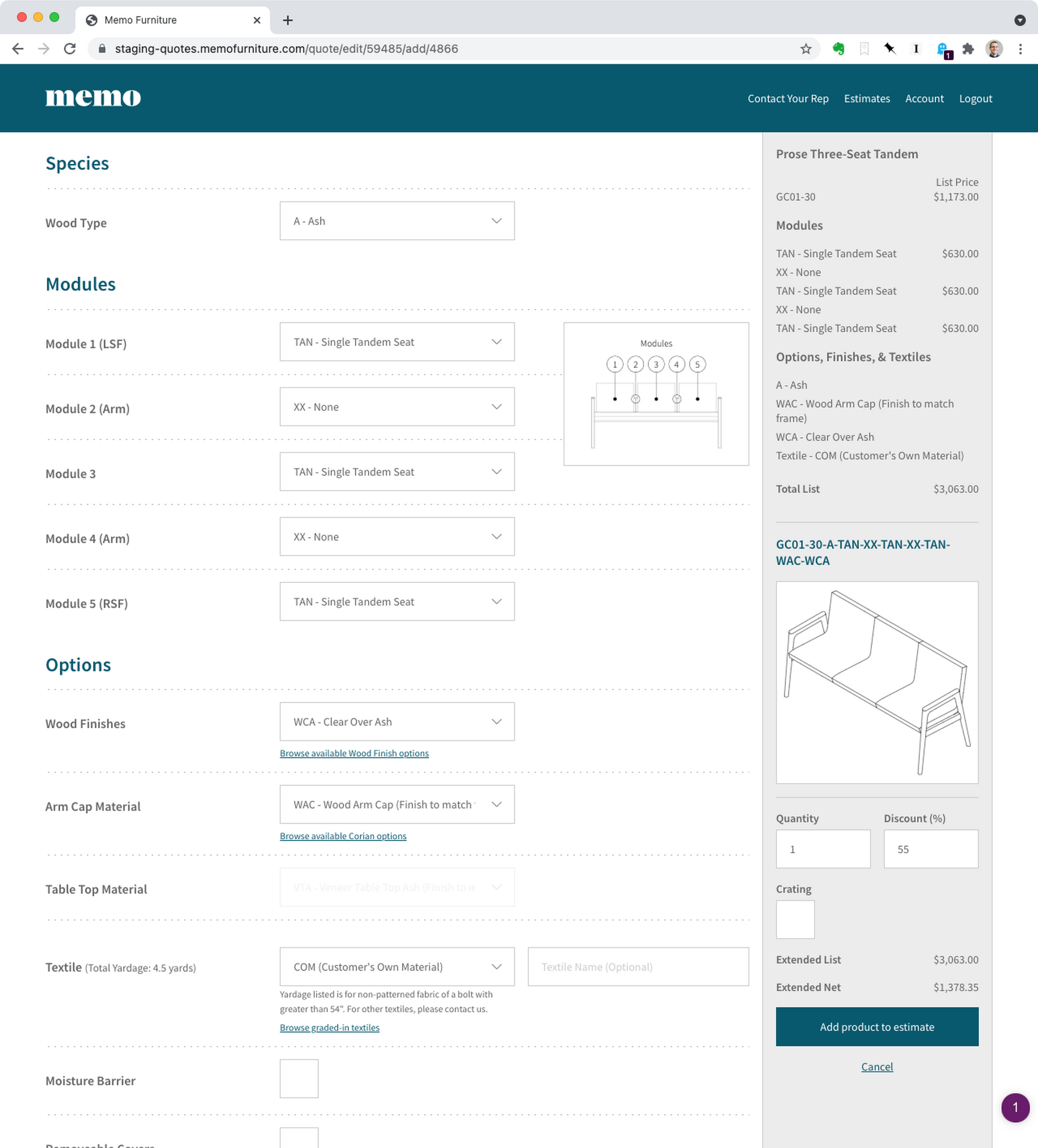 Screenshot of Memo Quote Tool product configuration