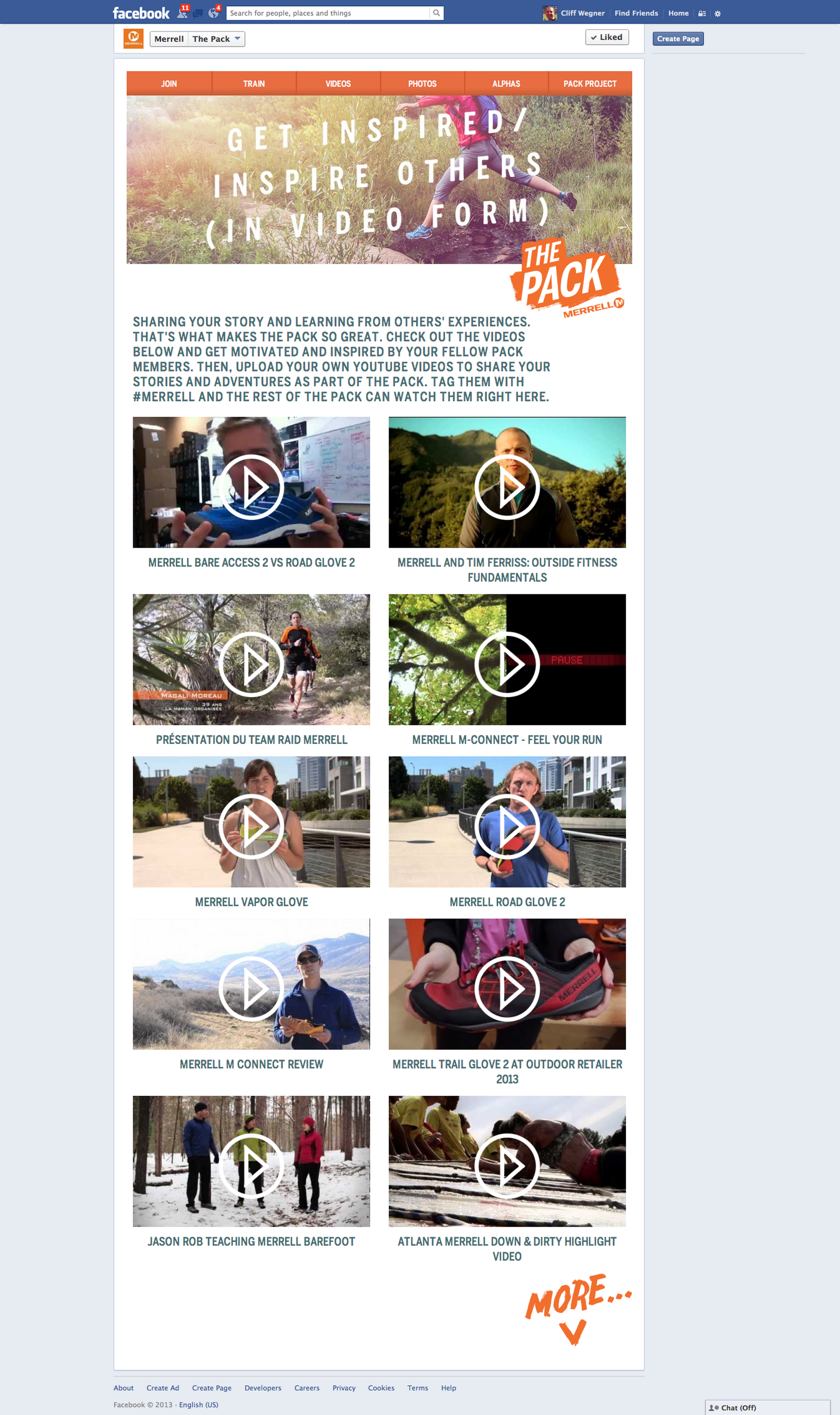 Screenshot of the Merrell Pack Facebook App Video Section