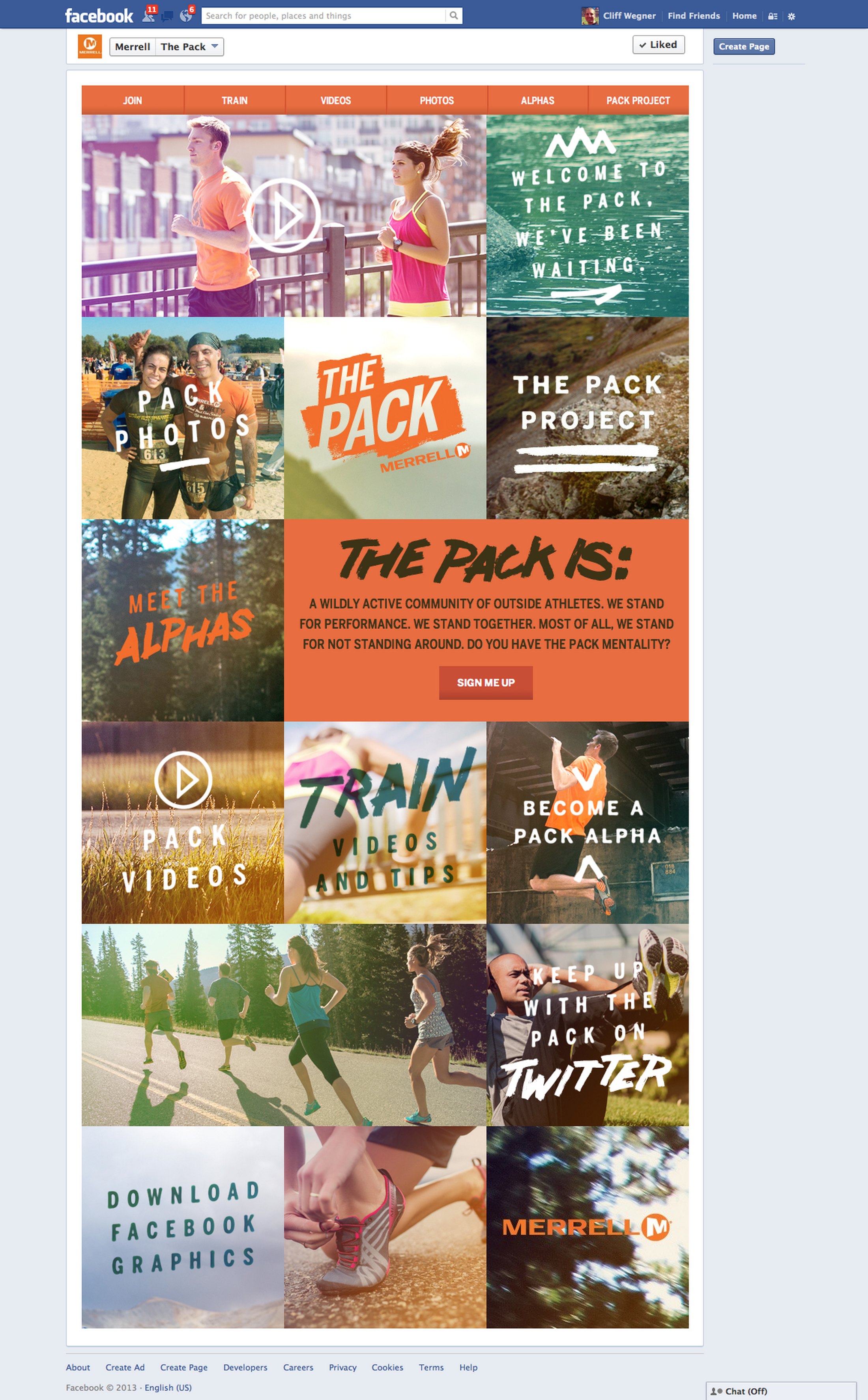 Screenshot of the Merrell Pack Facebook App Home Page