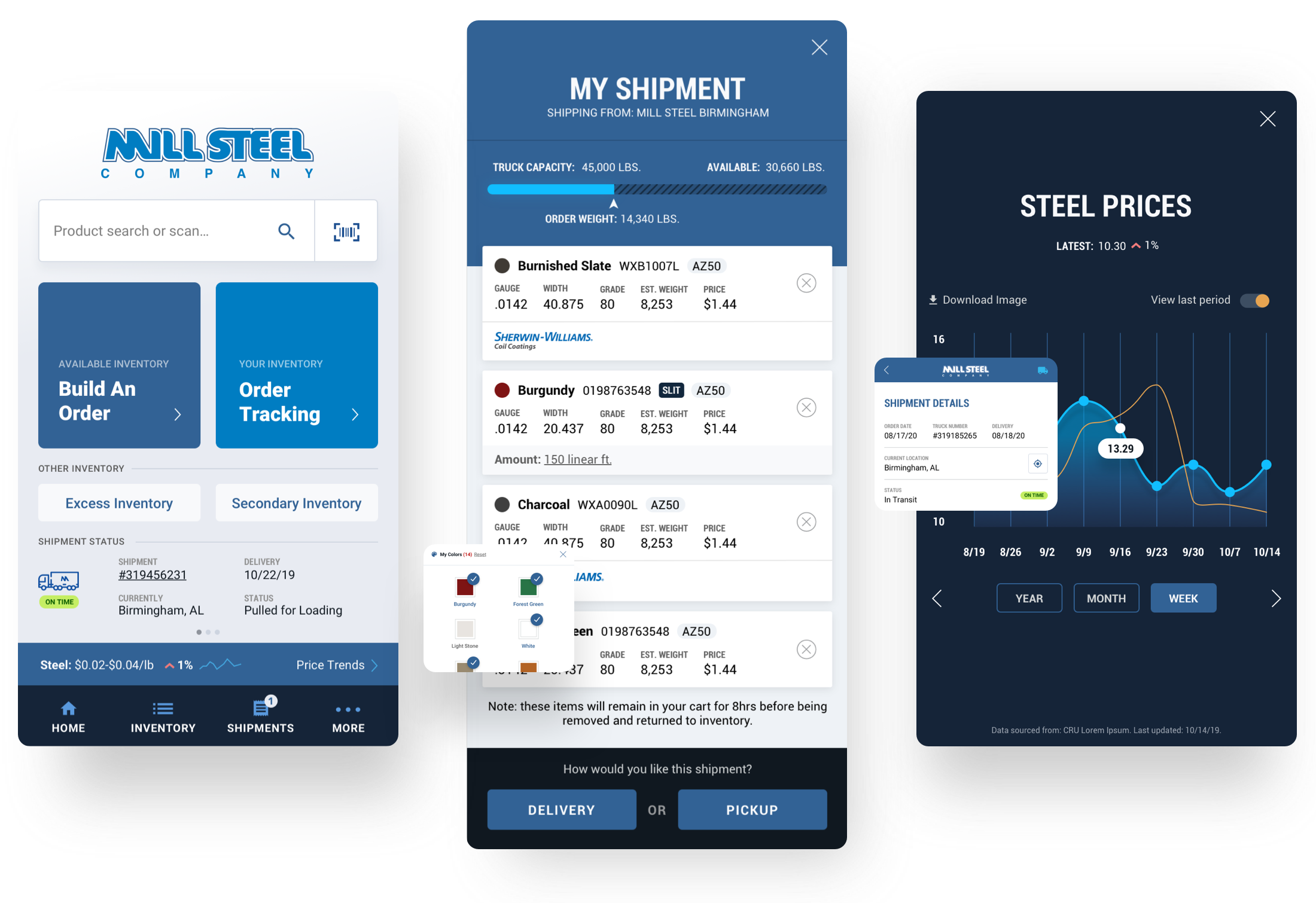 Montage of Mill Steel App screens