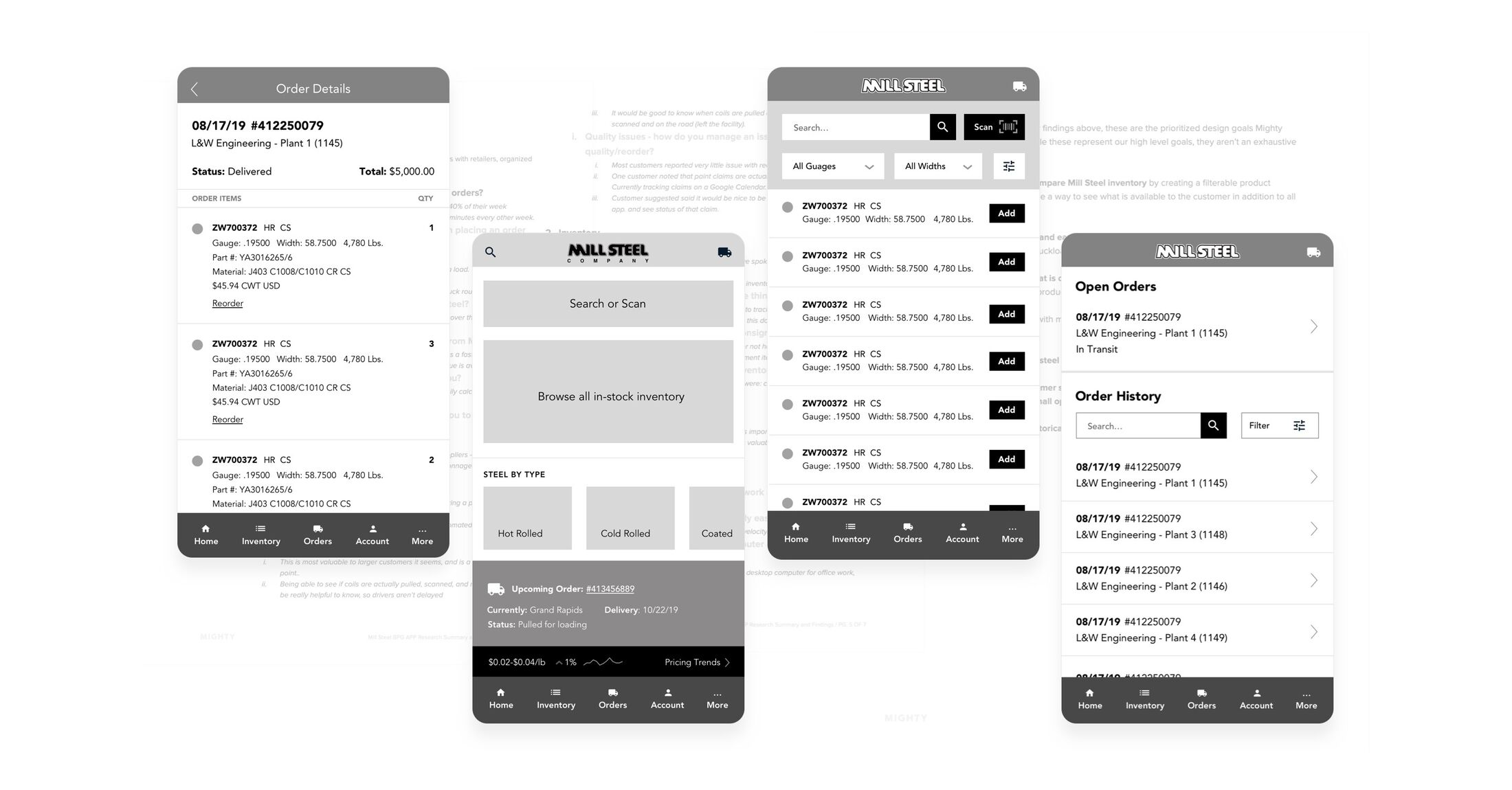 Mill Steel iOS App Wireframes