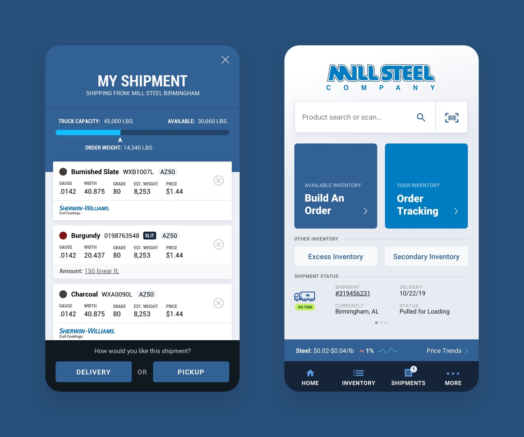 Final visual design of the Mill Steel cart and home screen
